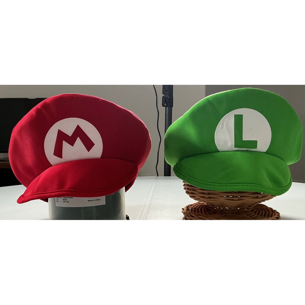 VTG Y2K Super Mario Luigi Costume Hats Unisex OSFM Red Green Cosplay Gamer